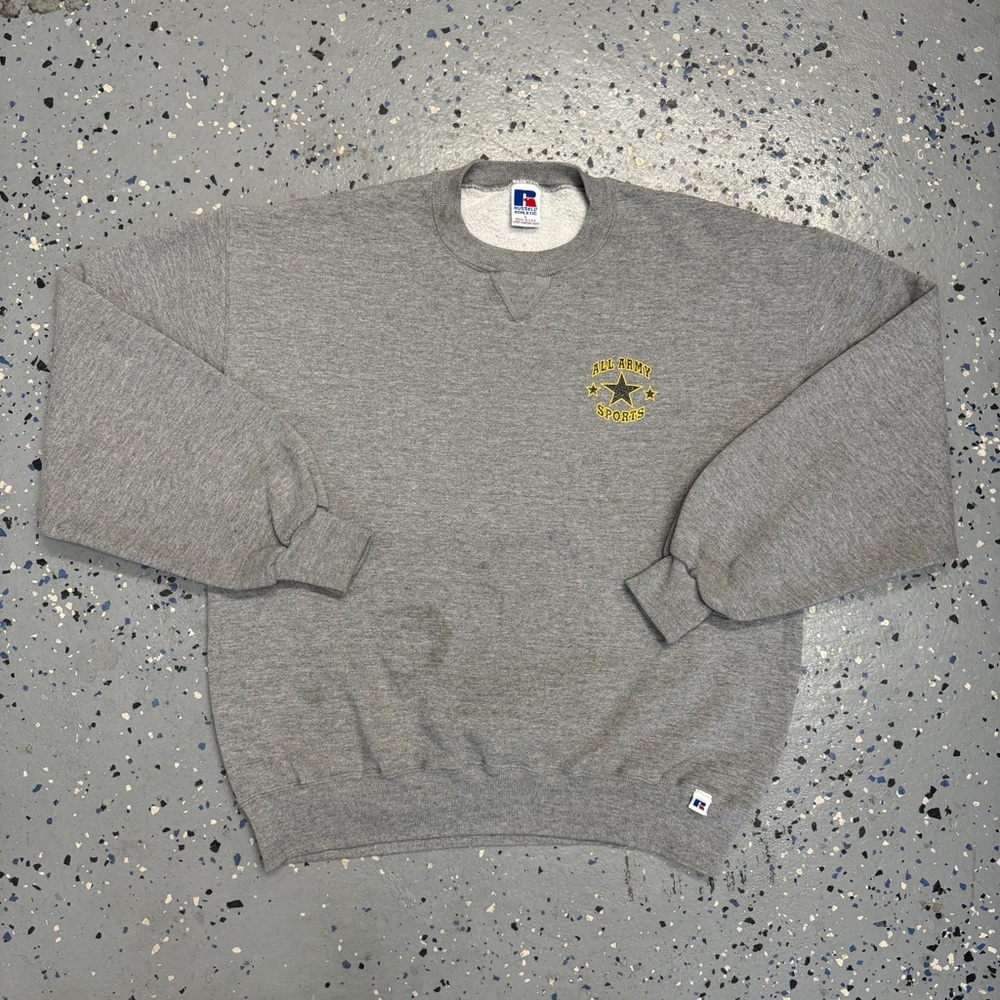 Vintage 90s Russell Athletic All Army Sports Graphic Sweatshirt USA L Grey